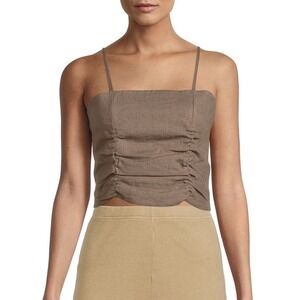 Kendall & Kylie Ruched Square Neck Smocked Tank Tube Top Linen Blend Cocoa M